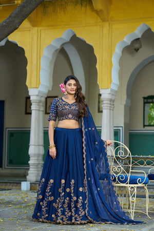 Blue Floral Embroidered Rangoli Silk Lehenga Choli Set with Matching Dupatta