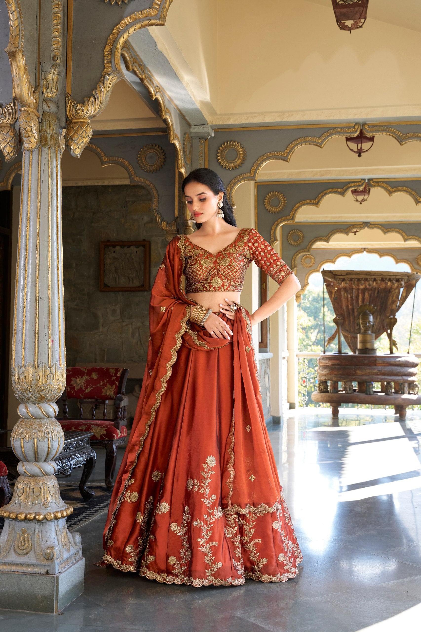 Orange Floral Embroidered Rangoli Silk Lehenga Choli Set with Matching Dupatta