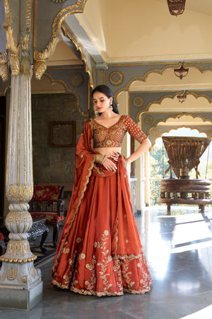 Orange Floral Embroidered Rangoli Silk Lehenga Choli Set with Matching Dupatta
