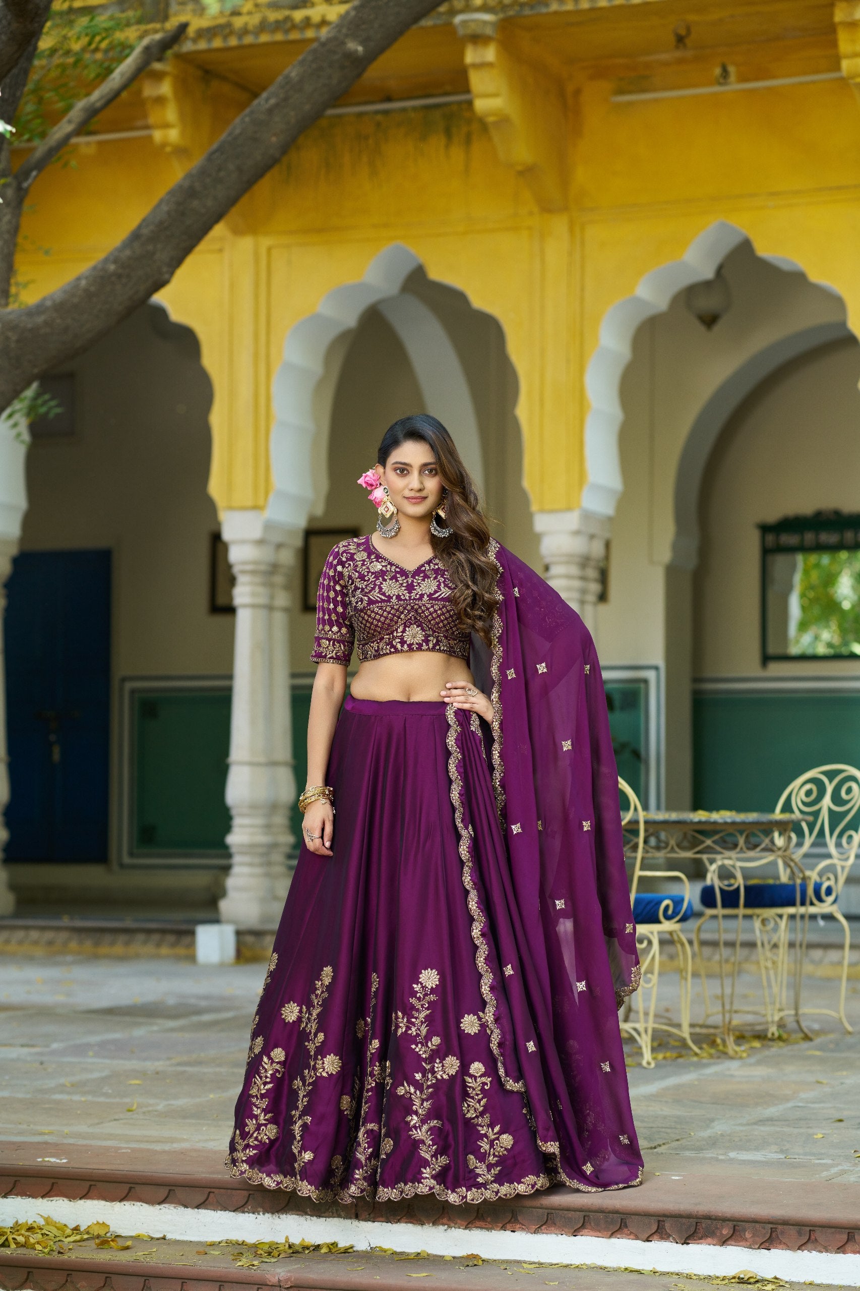 Dark Purple Floral Embroidered Rangoli Silk Lehenga Choli Set with Matching Dupatta