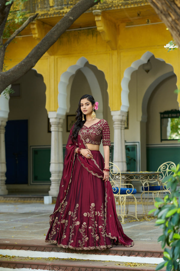 Wine Floral Embroidered Rangoli Silk Lehenga Choli Set with Matching Dupatta