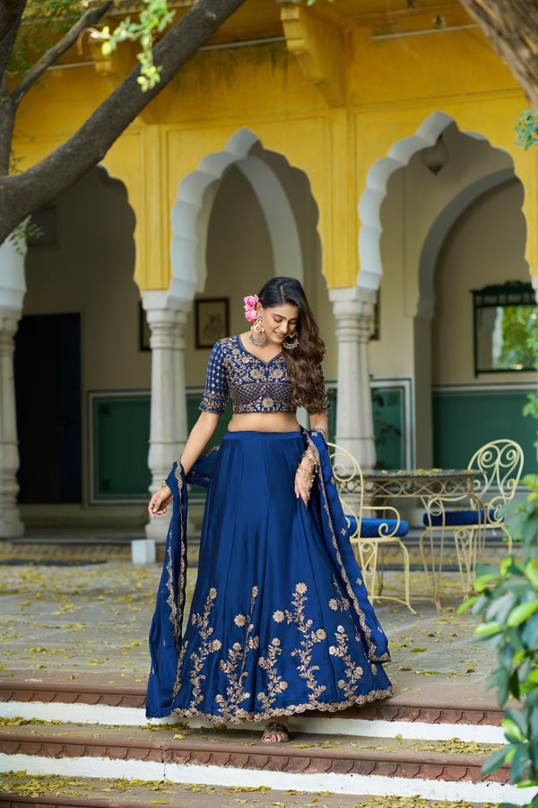 Blue Floral Embroidered Rangoli Silk Lehenga Choli Set with Matching Dupatta