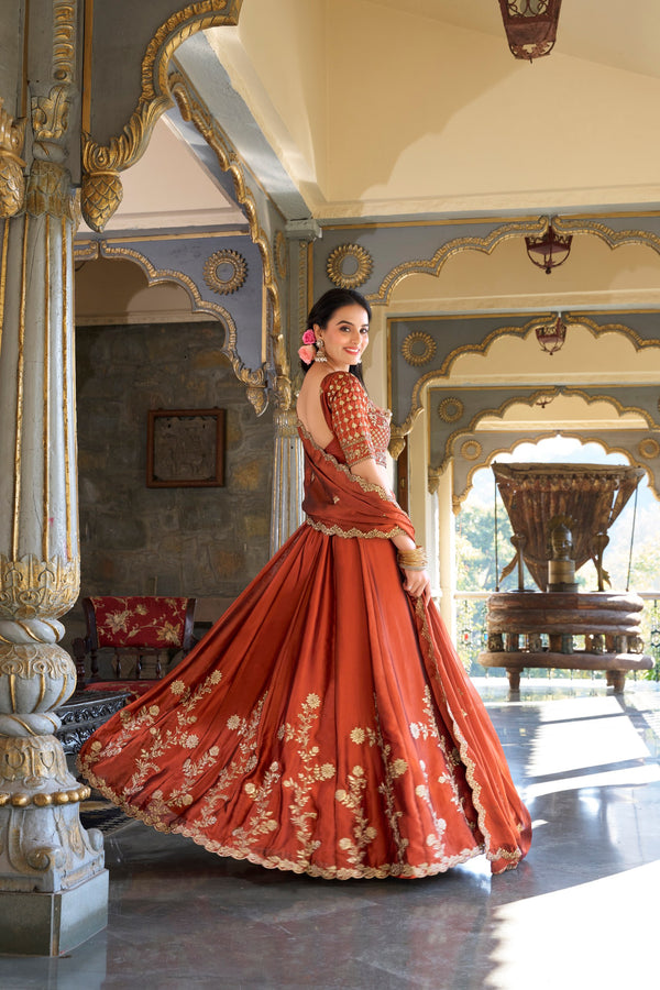 Orange Floral Embroidered Rangoli Silk Lehenga Choli Set with Matching Dupatta