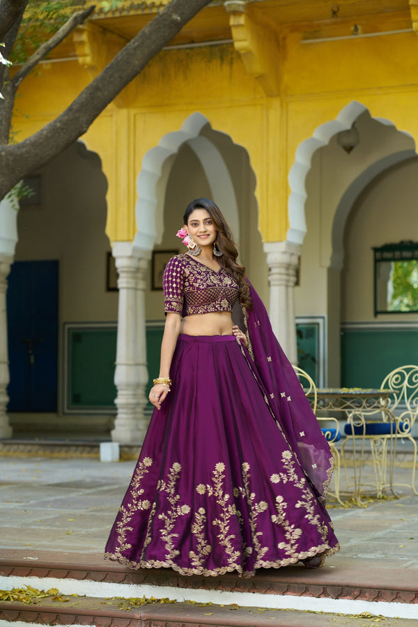 Dark Purple Floral Embroidered Rangoli Silk Lehenga Choli Set with Matching Dupatta