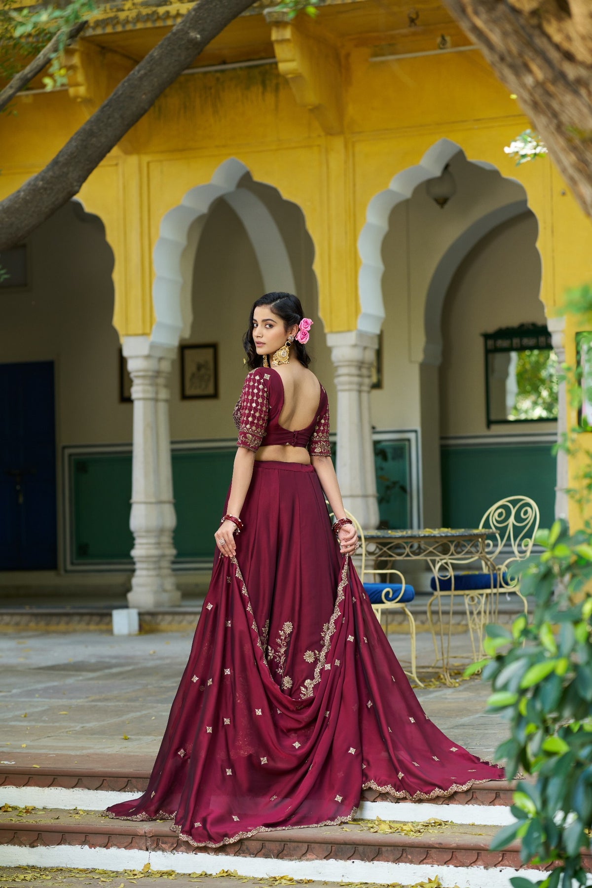Wine Floral Embroidered Rangoli Silk Lehenga Choli Set with Matching Dupatta