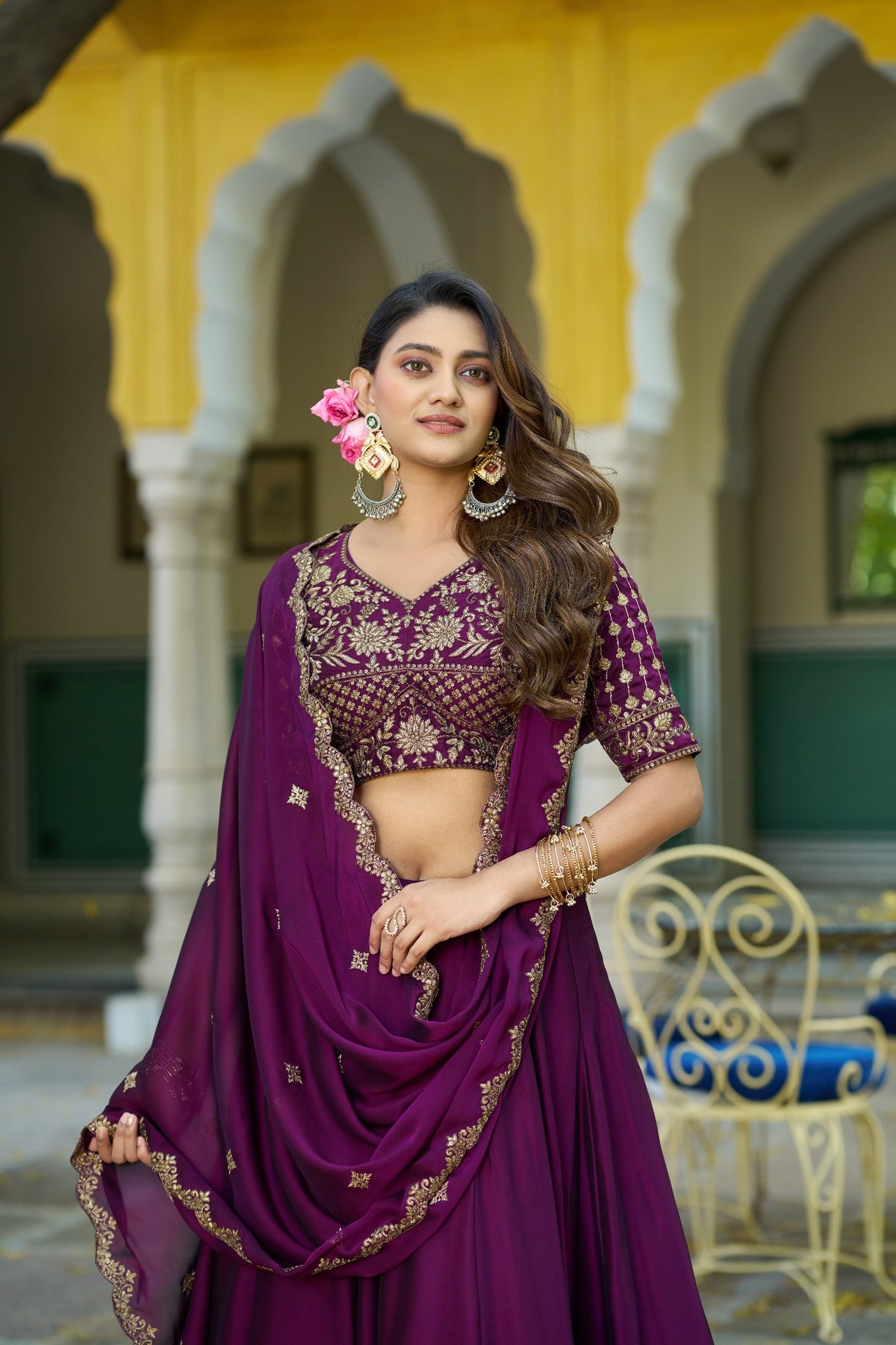 Dark Purple Floral Embroidered Rangoli Silk Lehenga Choli Set with Matching Dupatta