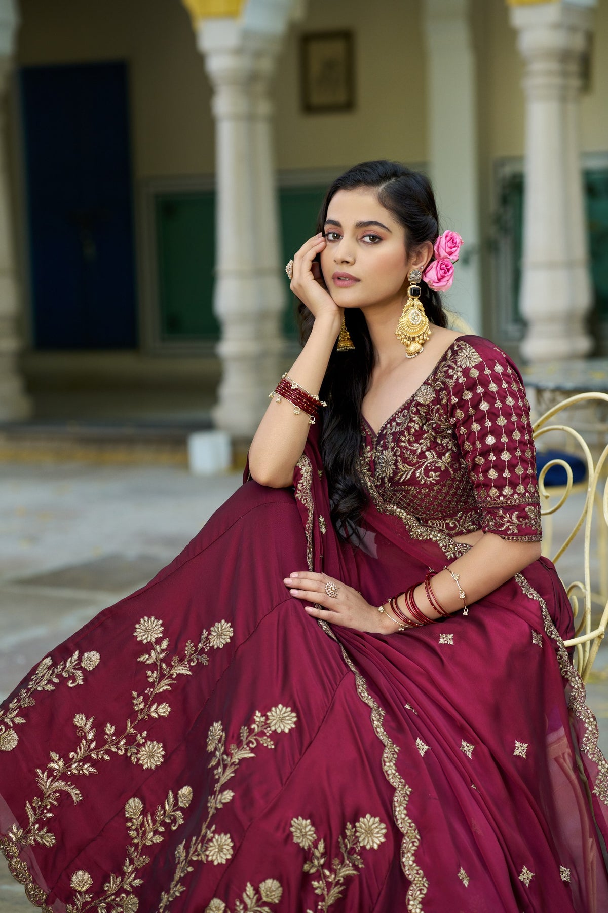 Wine Floral Embroidered Rangoli Silk Lehenga Choli Set with Matching Dupatta