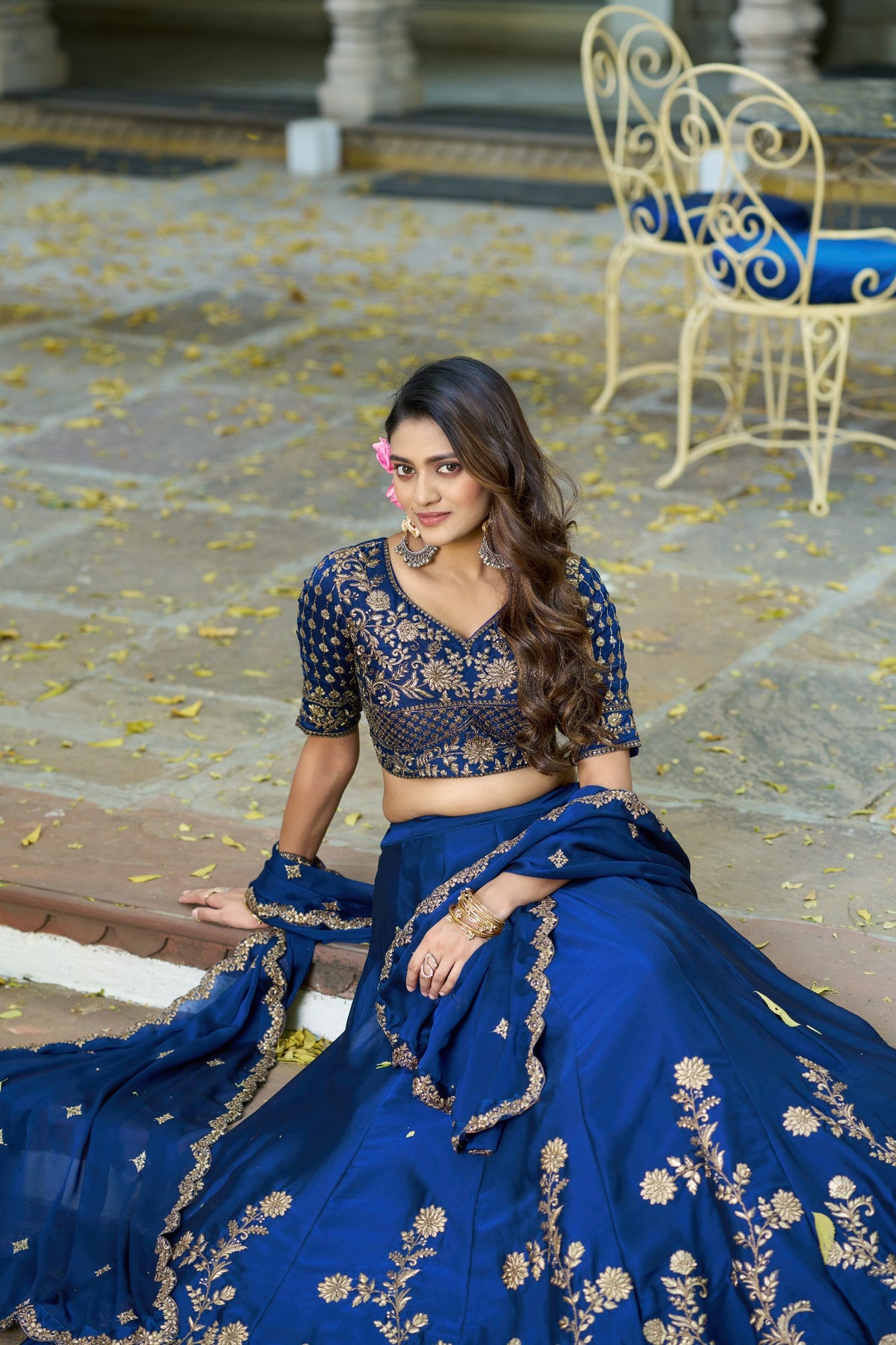 Blue Floral Embroidered Rangoli Silk Lehenga Choli Set with Matching Dupatta