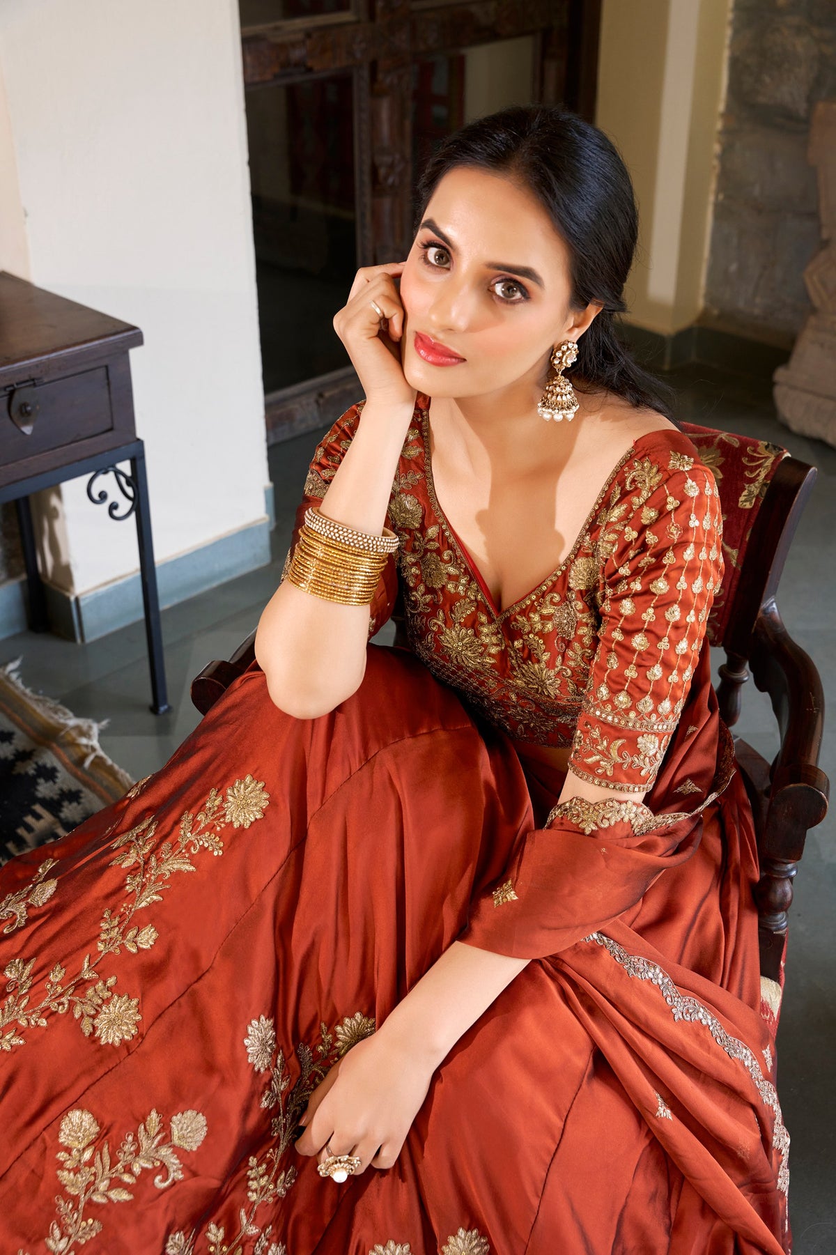 Orange Floral Embroidered Rangoli Silk Lehenga Choli Set with Matching Dupatta