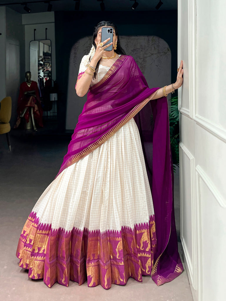Ivory Poly Cotton Zari Lehenga Choli with Purple Dupatta
