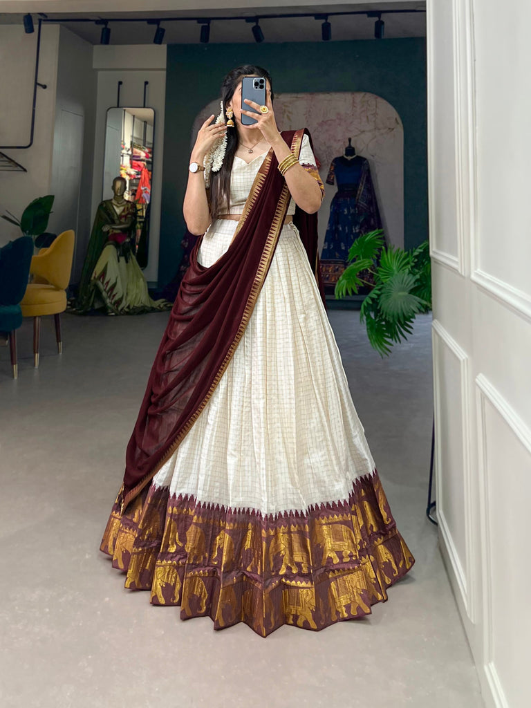 Ivory Poly Cotton Zari Lehenga Choli with Maroon Dupatta