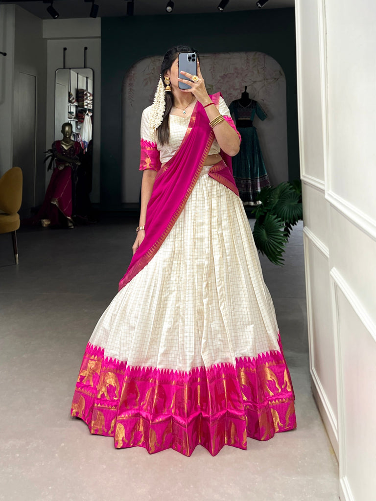 Ivory Poly Cotton Zari Lehenga Choli with Pink Dupatta