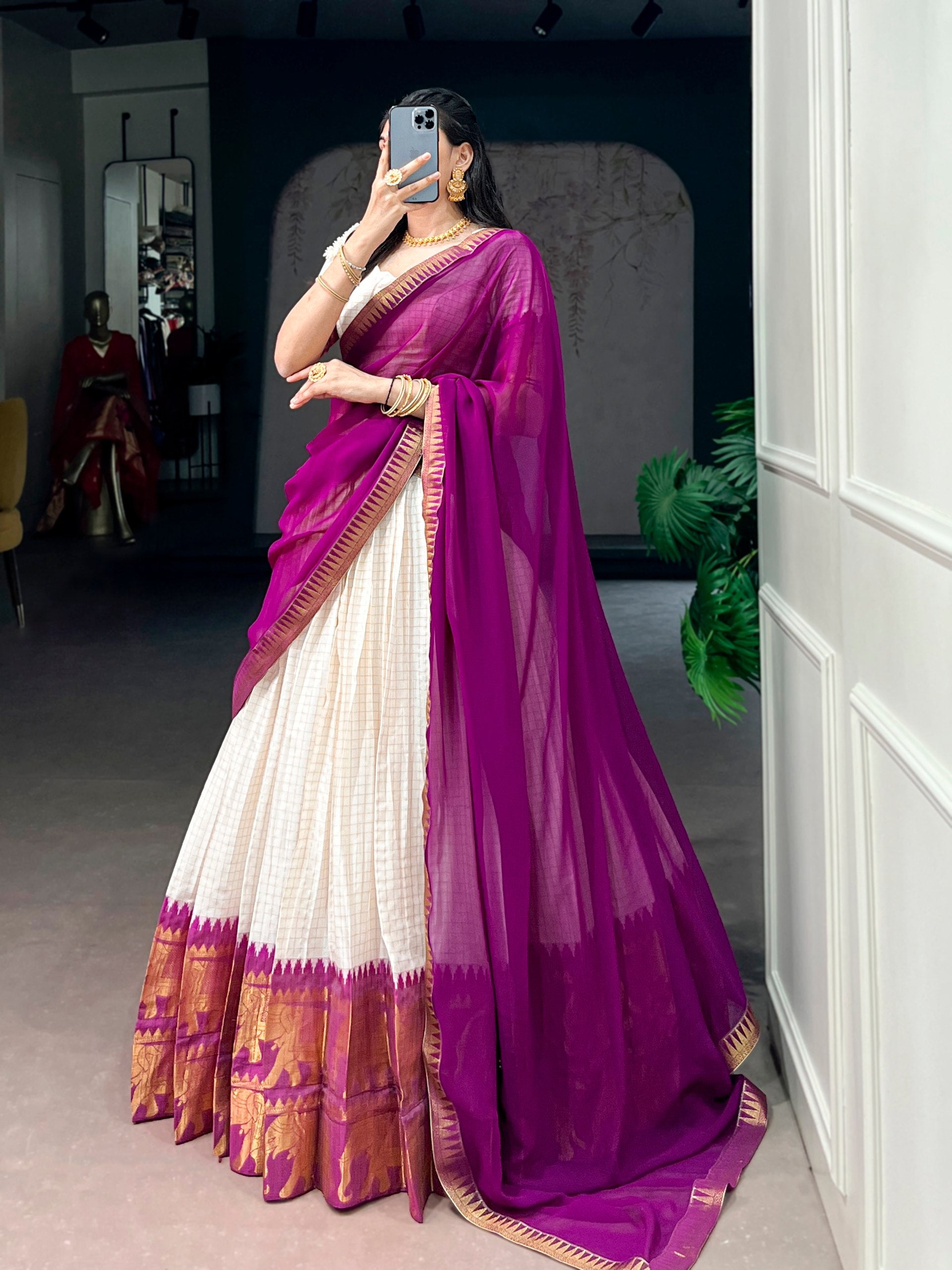 Ivory Poly Cotton Zari Lehenga Choli with Purple Dupatta
