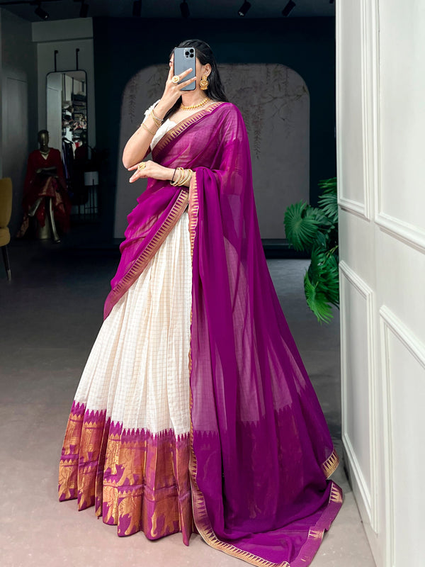 Ivory Poly Cotton Zari Lehenga Choli with Purple Dupatta