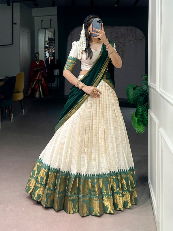 Ivory Poly Cotton Zari Lehenga Choli with Dark Green Dupatta