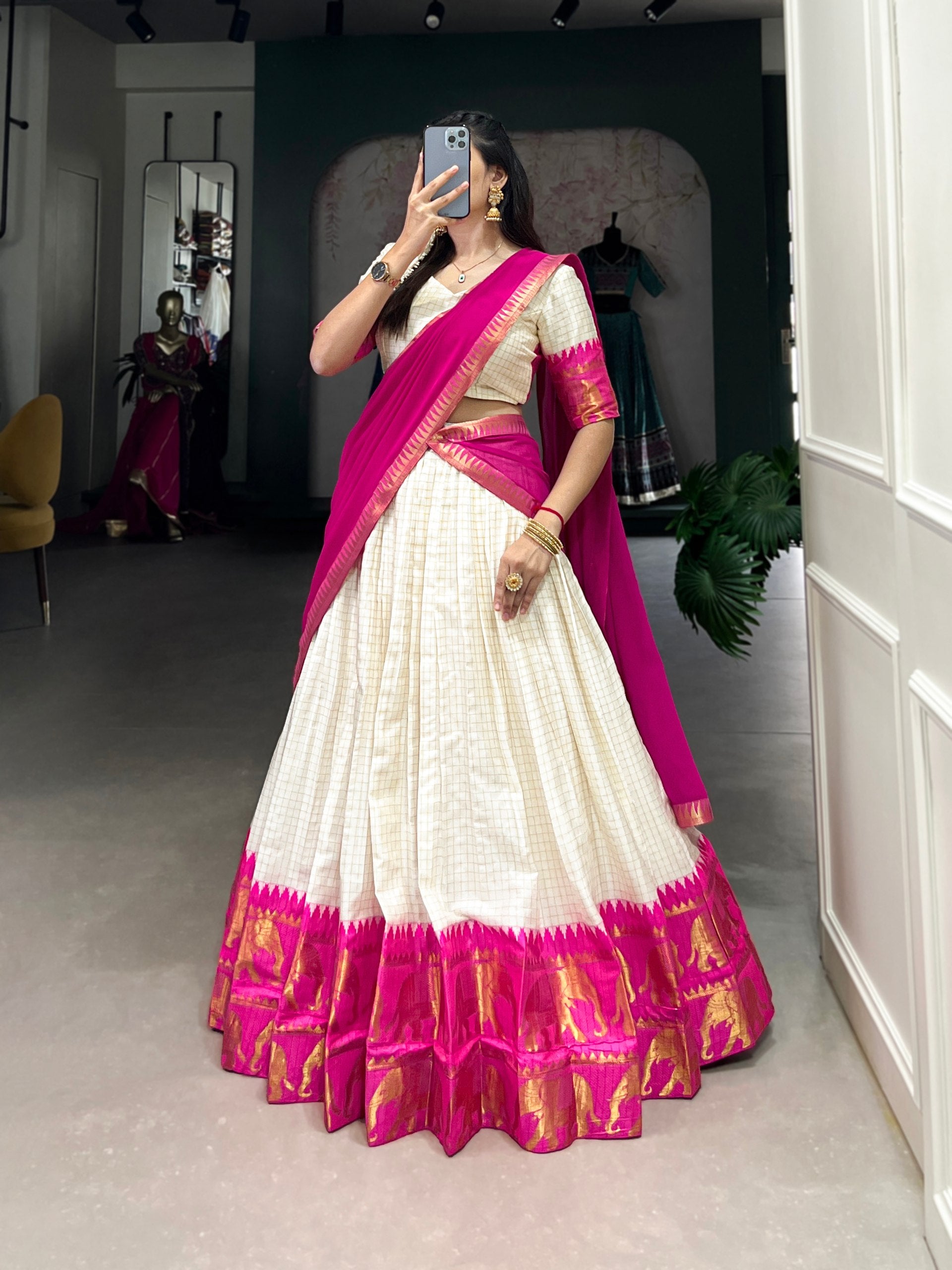 Ivory Poly Cotton Zari Lehenga Choli with Pink Dupatta