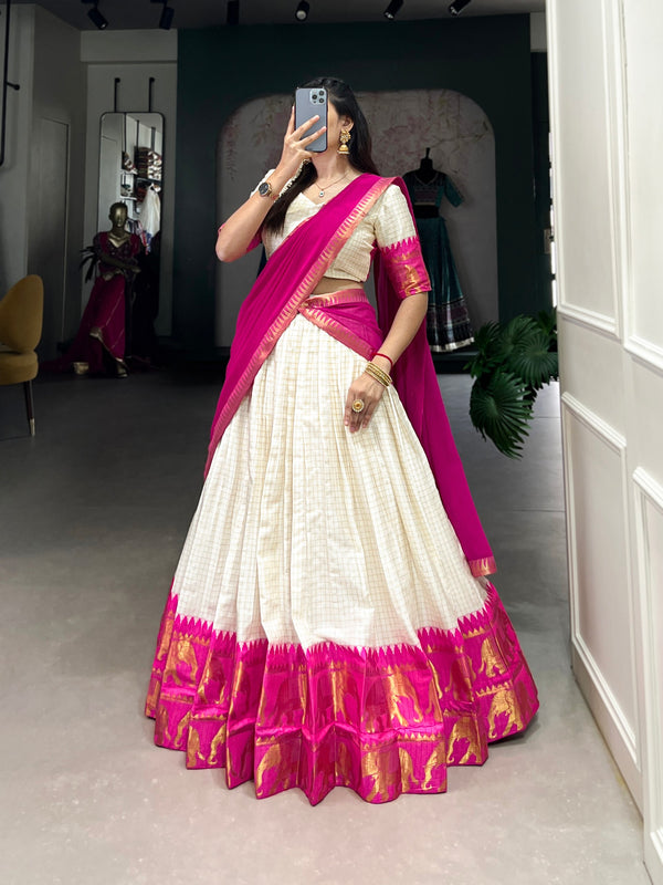 Ivory Poly Cotton Zari Lehenga Choli with Pink Dupatta