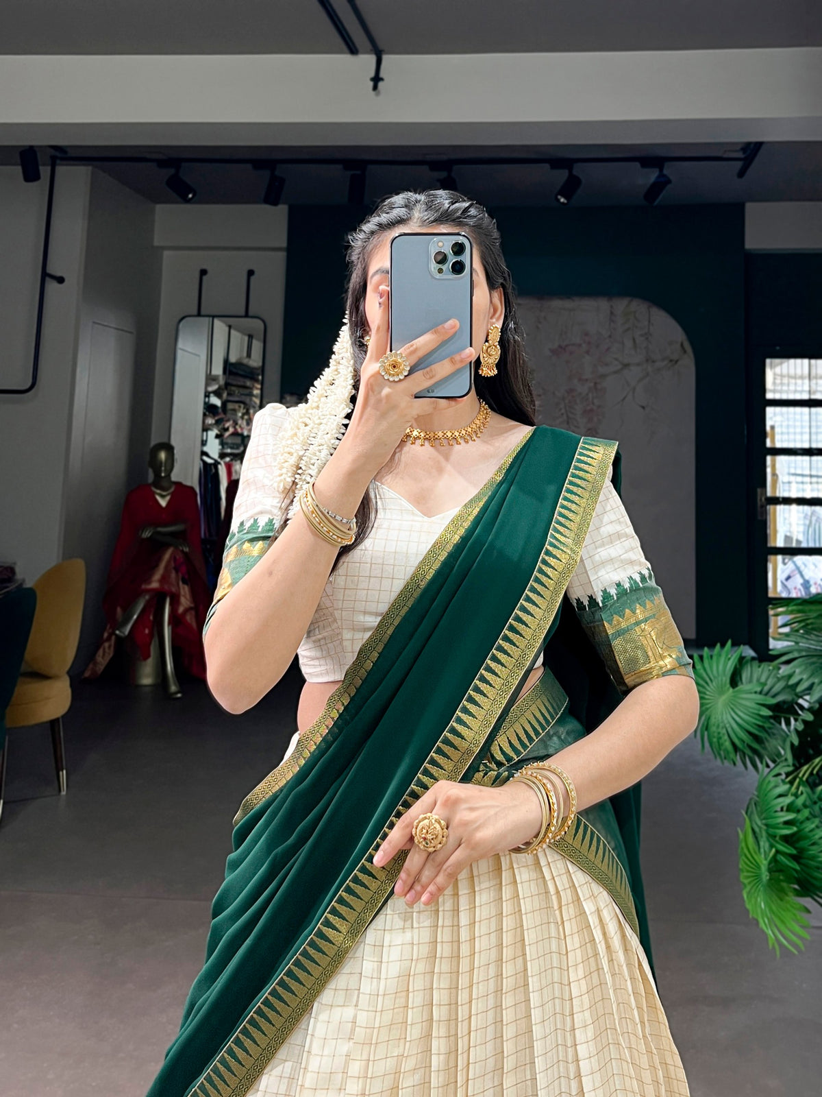 Ivory Poly Cotton Zari Lehenga Choli with Dark Green Dupatta