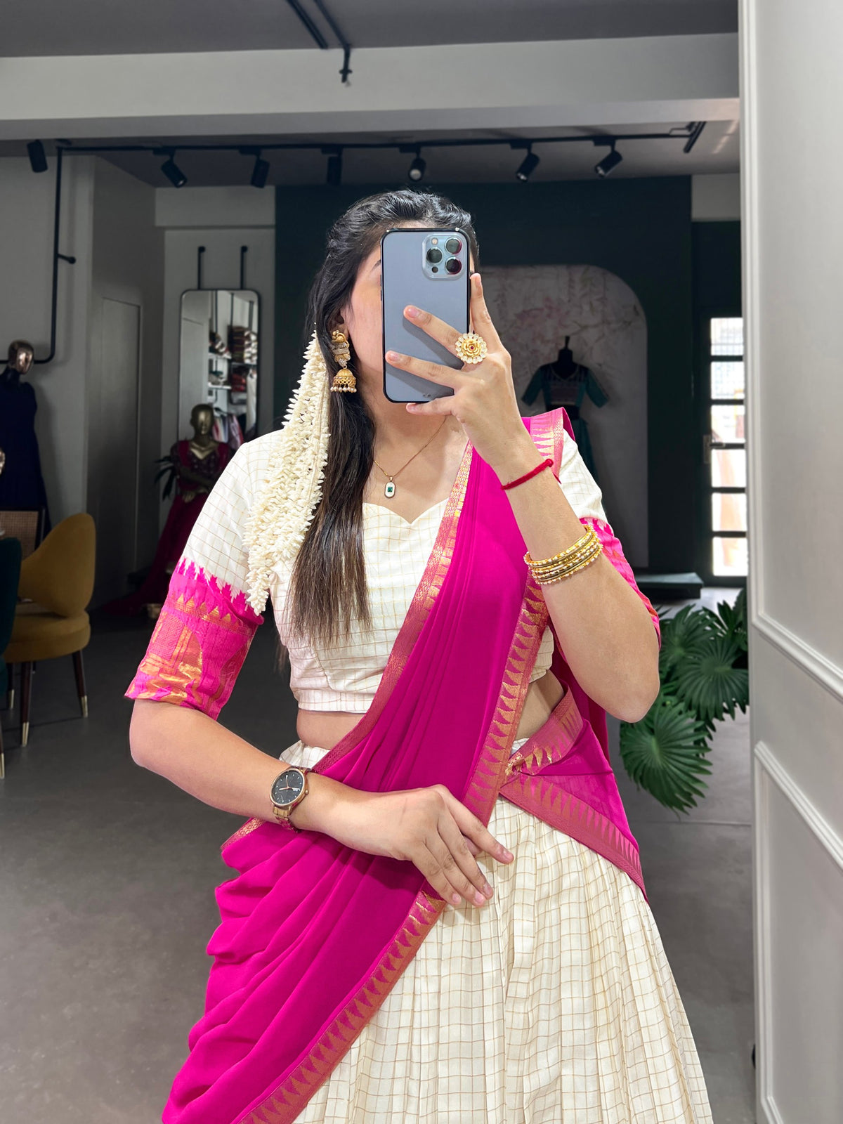 Ivory Poly Cotton Zari Lehenga Choli with Pink Dupatta