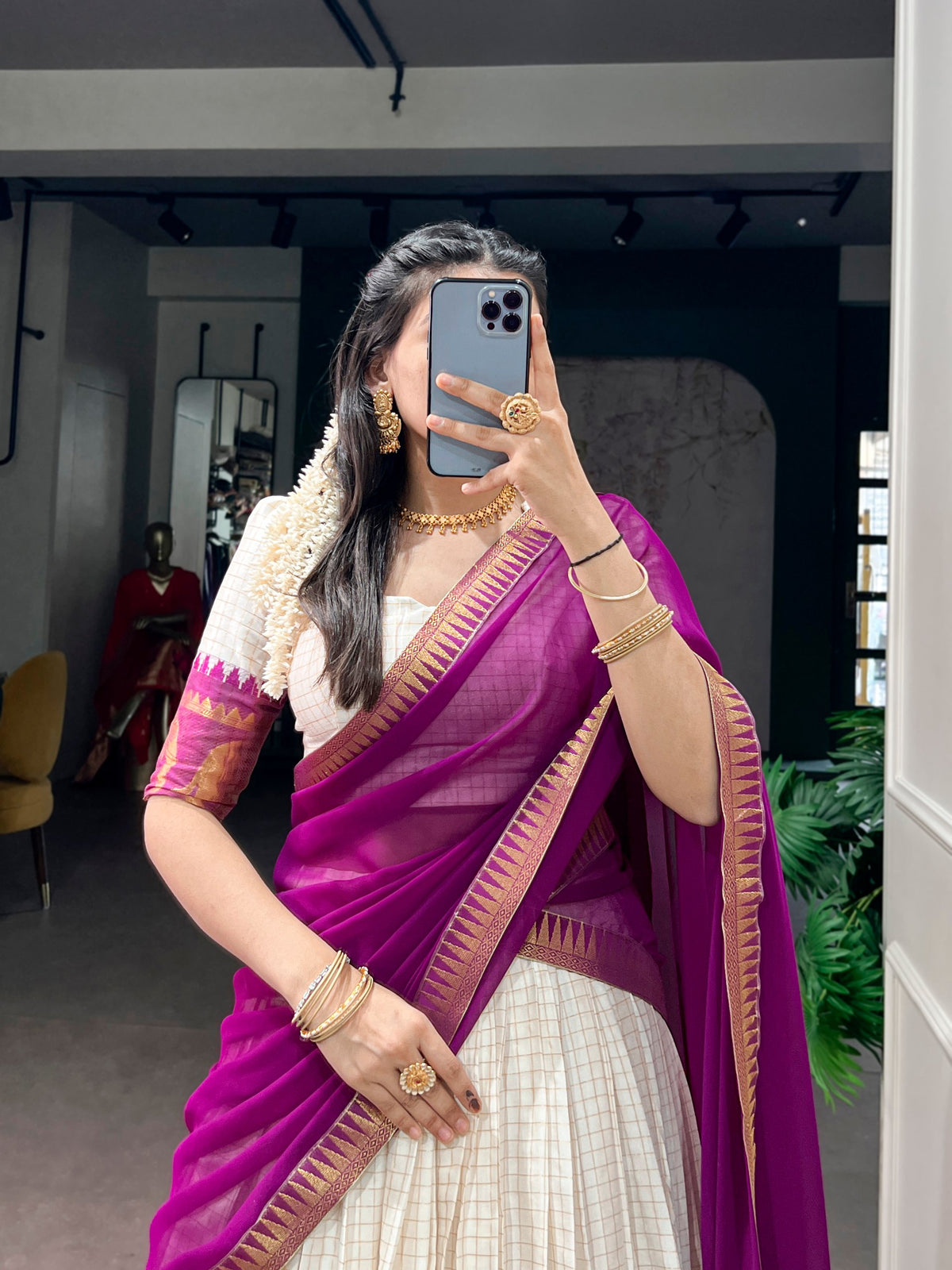 Ivory Poly Cotton Zari Lehenga Choli with Purple Dupatta