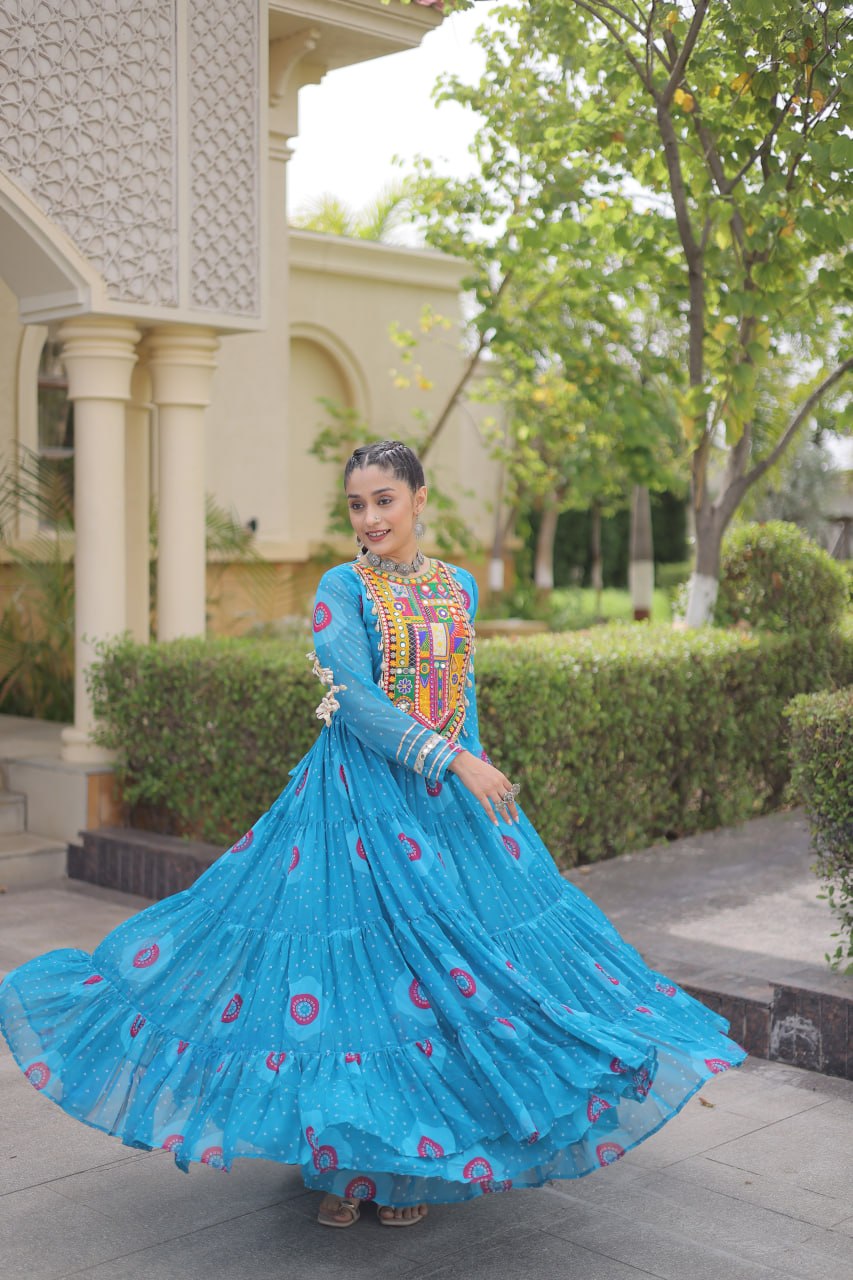 Blue Bandhani Print Kutchi Work Navratri Gown