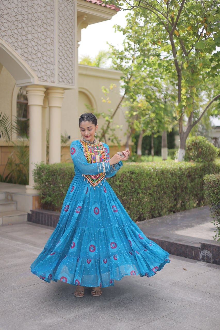 Blue Bandhani Print Kutchi Work Navratri Gown
