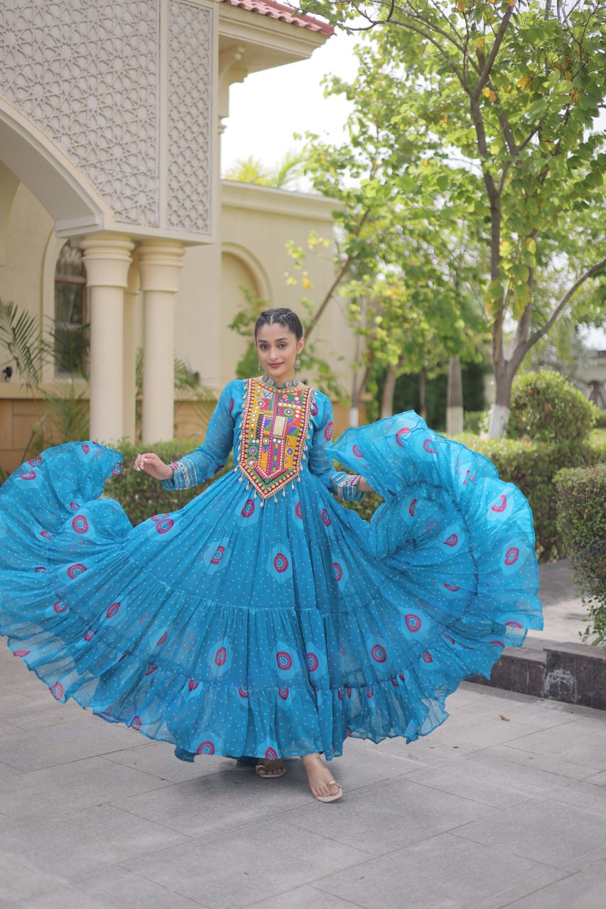 Blue Bandhani Print Kutchi Work Navratri Gown