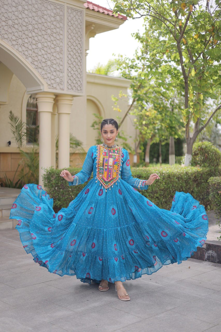 Blue Bandhani Print Kutchi Work Navratri Gown