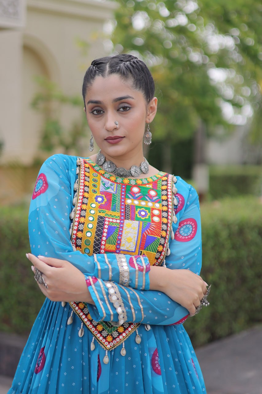 Blue Bandhani Print Kutchi Work Navratri Gown