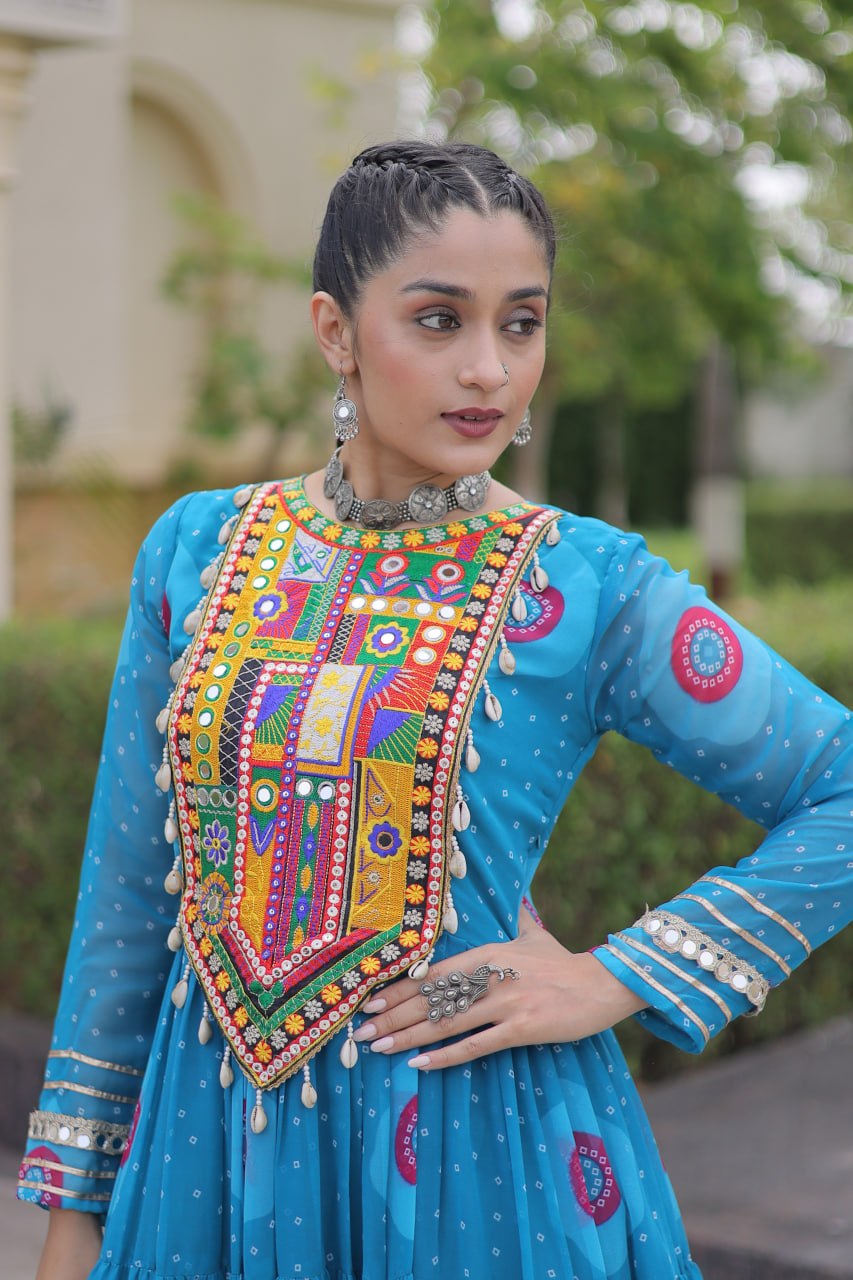 Blue Bandhani Print Kutchi Work Navratri Gown