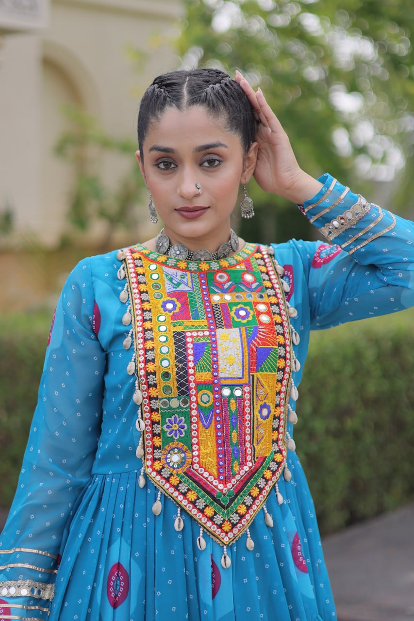 Blue Bandhani Print Kutchi Work Navratri Gown