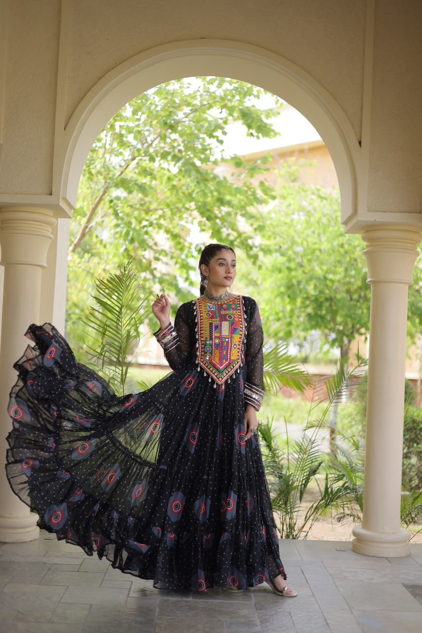 Black Bandhani Print Kutchi Work Navratri Gown