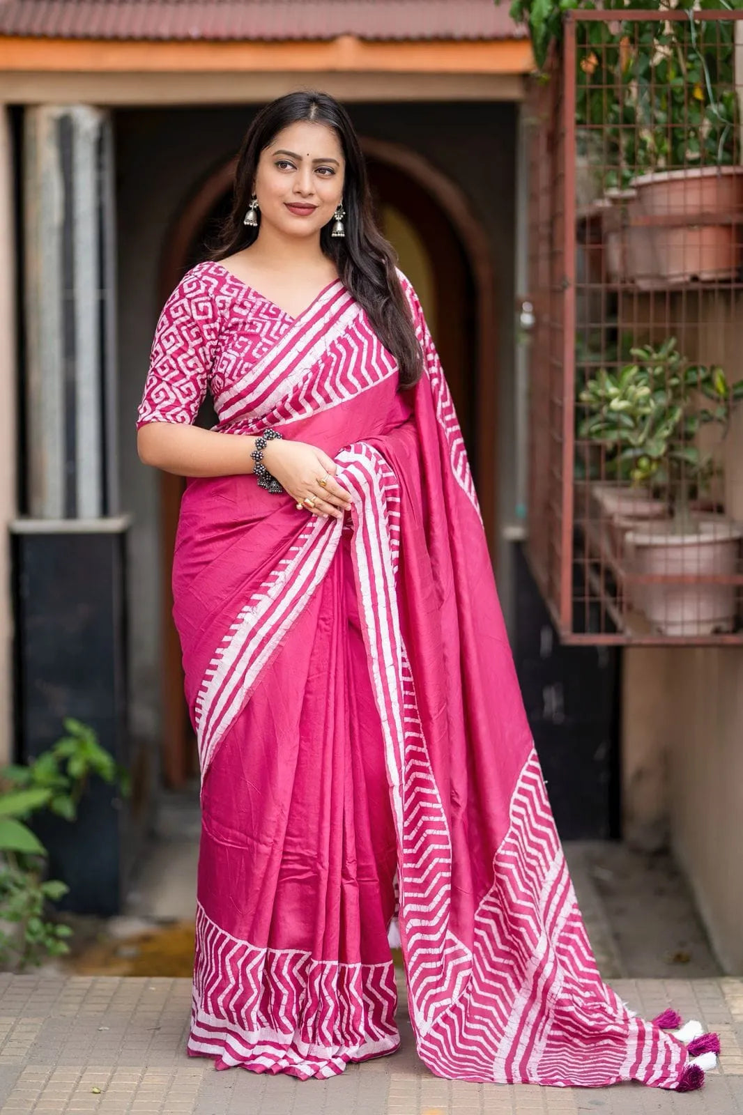 Pink Pure Chanderi Cotton Batik Print Saree with Tassels