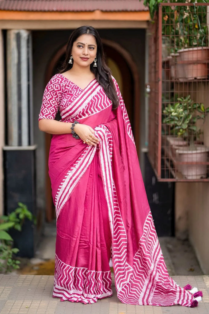 Pink Pure Chanderi Cotton Batik Print Saree with Tassels