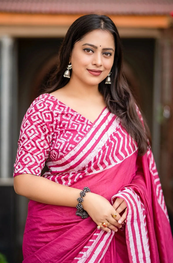 Pink Pure Chanderi Cotton Batik Print Saree with Tassels
