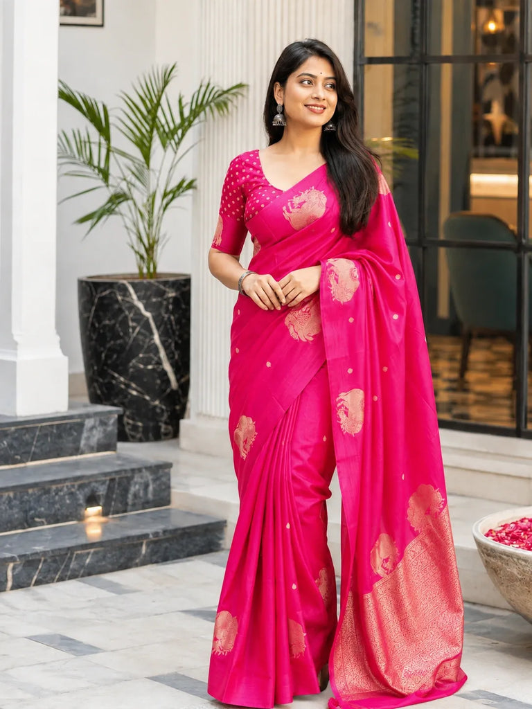 Rani Pink Banarasi Satin Pattu Silk Saree with Zari Woven Pallu