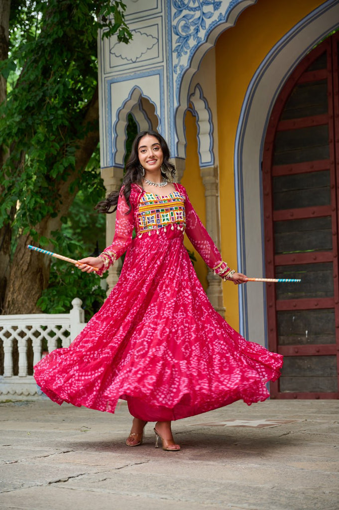 Bandhani Print Faux Georgette Gown with Kutchi Patchwork
