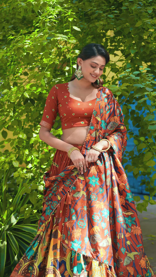 Mustard Kalamkari Printed Tasar Silk Lehenga Choli Set with Tassel Dupatta product reel