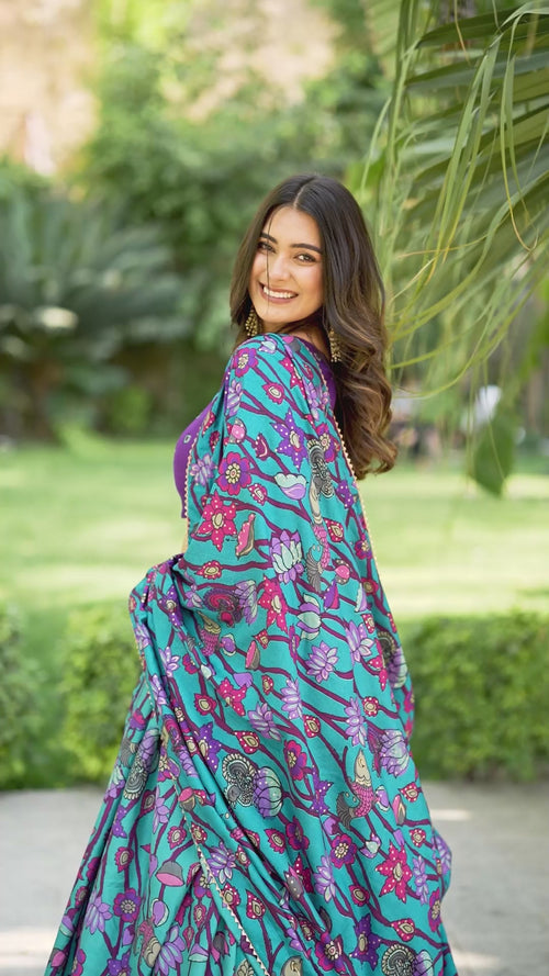 Purple Kalamkari Printed Tasar Silk Lehenga Choli Set with Tassel Dupatta product reel