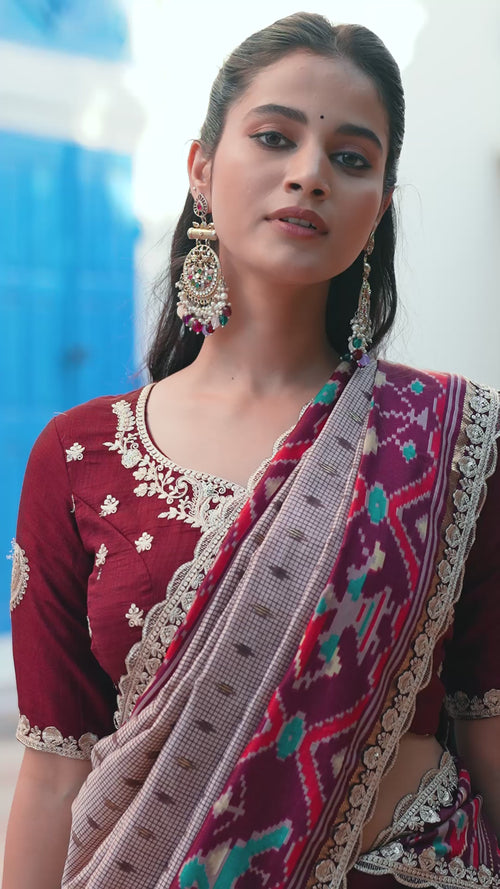 Maroon Embroidered Vichitra Silk Lehenga Choli Set with Ikkat Dupatta product reel