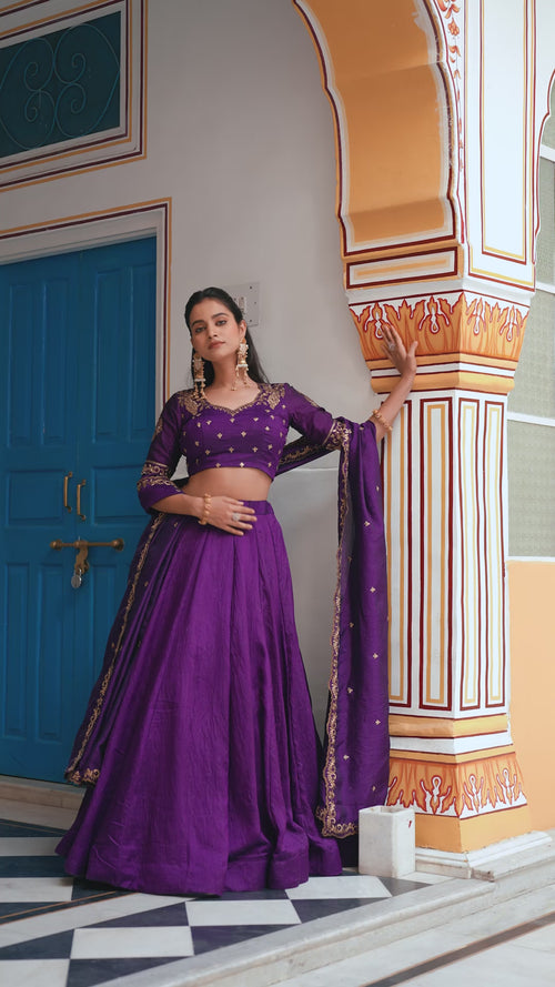Purple NC Silk Lehenga Choli Set with Embroidered Blouse Fabric product reel