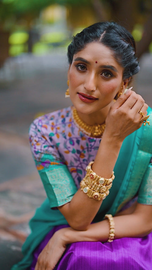 Teal Printed Aastha Silk Lehenga Choli Set with Stitched Blouse product reel