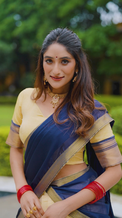Golden Beige Kanchipuram Half Saree Lehenga with Navy Dupatta product reel