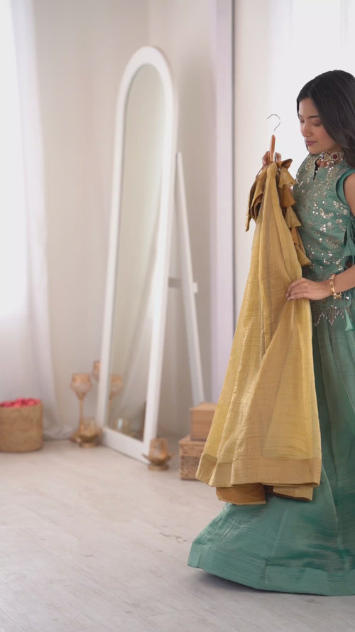 Sky Blue Salsa Crush Lehenga Choli Set with Zari Embroidered Koti product reel