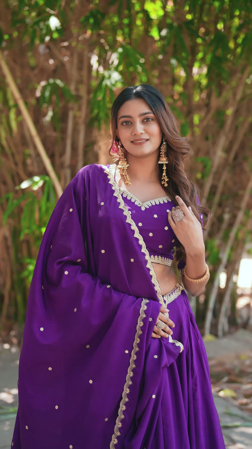 Purple Sequin Embroidered Chinon Lehenga Choli Set product reel