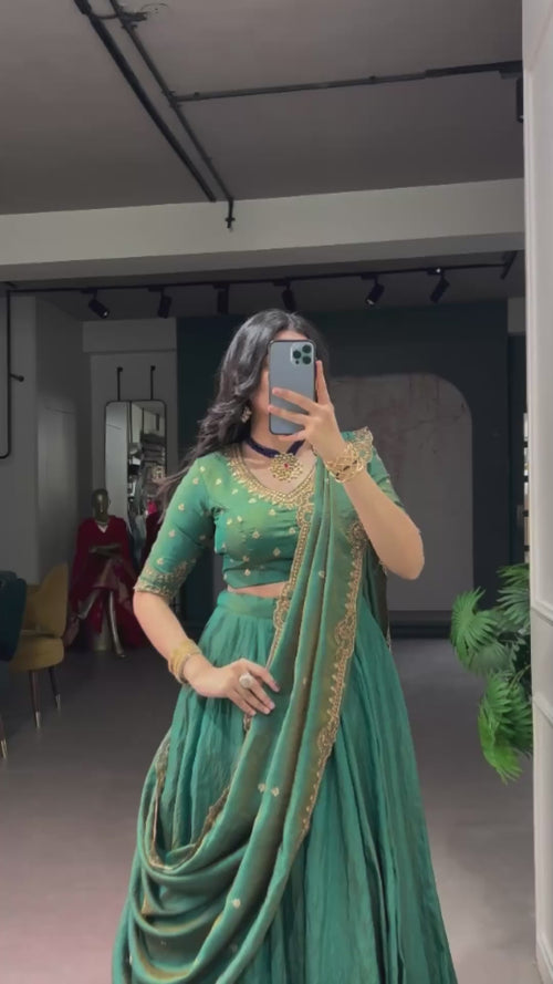 Dark Green NC Silk Lehenga Choli Set with Embroidered Dupatta product reel
