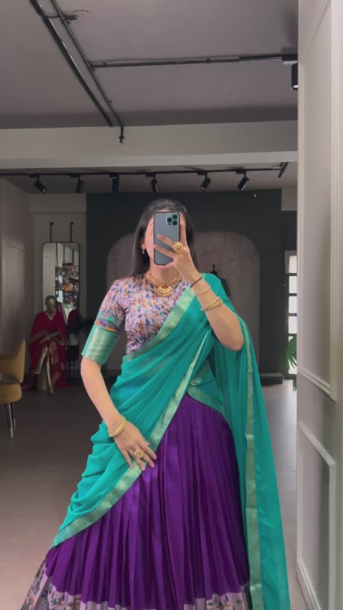 Battle Green  Print Aastha Silk Lehenga Choli Set with Red Dupatta product reel
