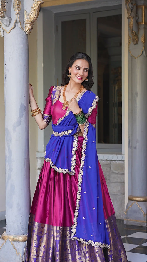 Magenta Narayan Pattu Zari Lehenga Choli Set with Royal Blue Dupatta product reel