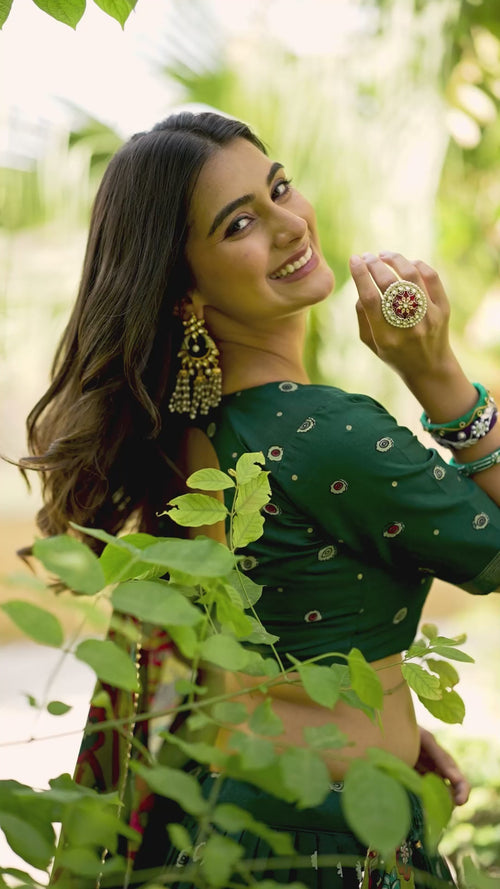 Battle Green Kalamkari Printed Tasar Silk Lehenga Choli Set with Tassel Dupatta product reel