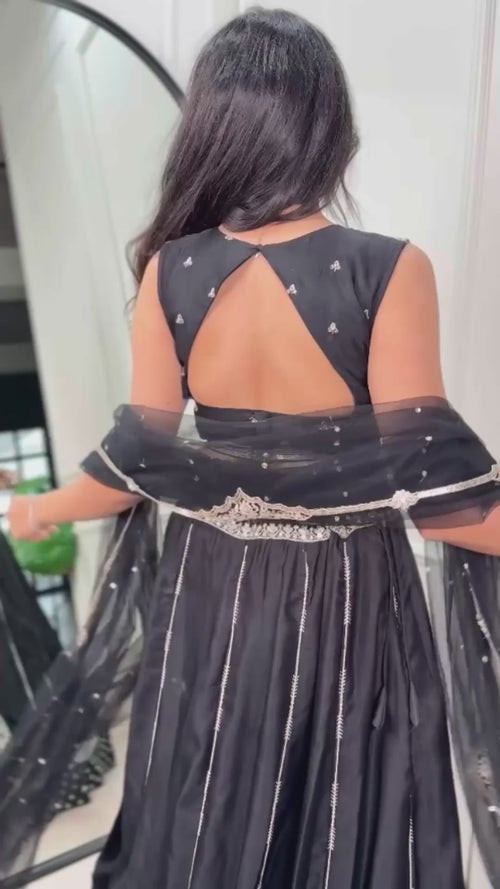 Black Naysha Silk Lehenga Choli Set with Ivory Embroidery product reel